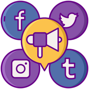 Social media marketing illustration showing social platforms, engagement, and growth