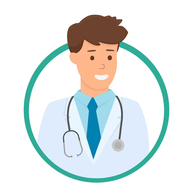 Vector illustration of a doctor at a desk with medical icons and marketing growth charts.